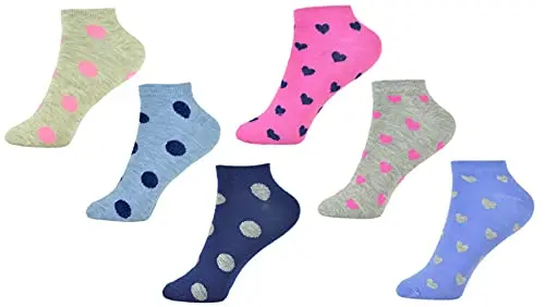 6-Pair Ladies Trainer Socks – Heart & Polka Dot Patterned Cotton Blend For Comfortable Daily Wear 1