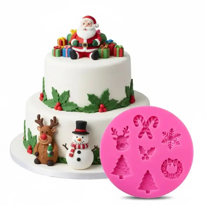 7-In-1 Winter-Themed Silicone Mold – Reindeer, Candy Canes, Wreaths & Holly (Fm165) 1