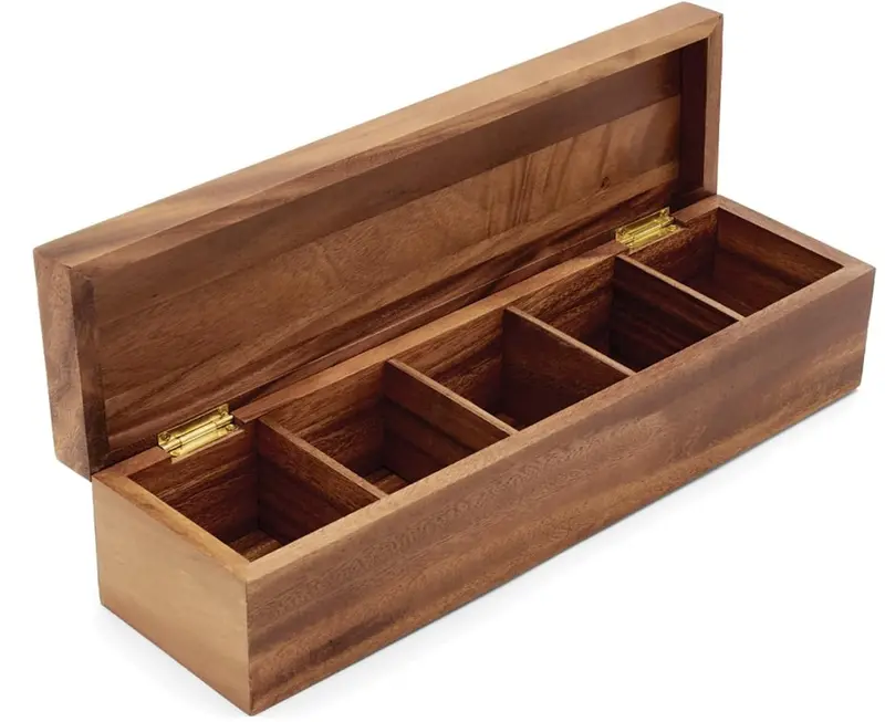 Acacia Wood Townhouse Tea Storage Box – Ironwood Organizational Container 1