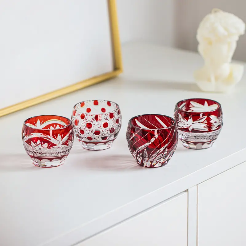 Akebono Edo Kiriko Guinomi Sake Cups – Dawn-Inspired Pink-Tinted Cut Glass 1