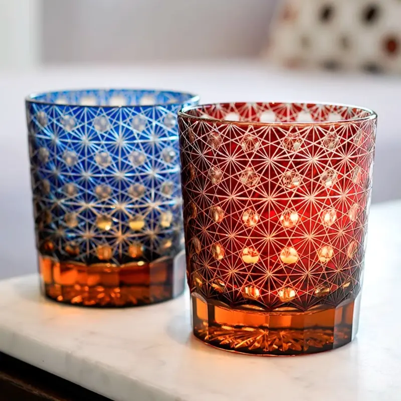 Amber Star Chrysanthemum Edo Kiriko Whisky Glasses – Dual-Tone Crystal Set With Floral & Celestial Motifs 1