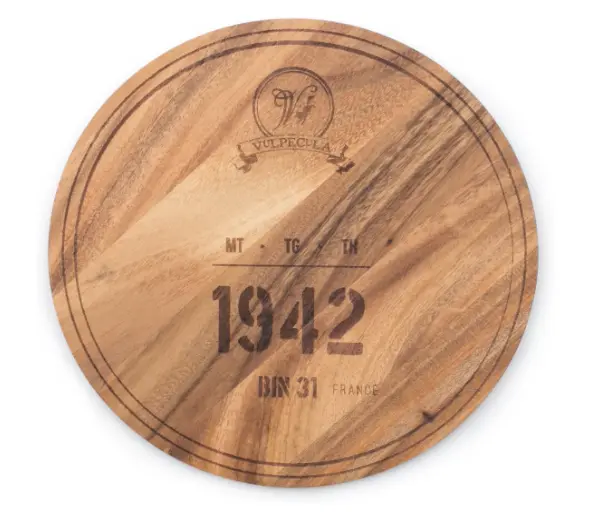 Antique-Style Circular Serving Board – 1942 Wine Barrel Engraving 1
