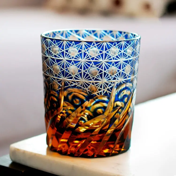 Artisan Edo Kiriko Blue Amber Whisky Tumbler With Elegant Wooden Case 1