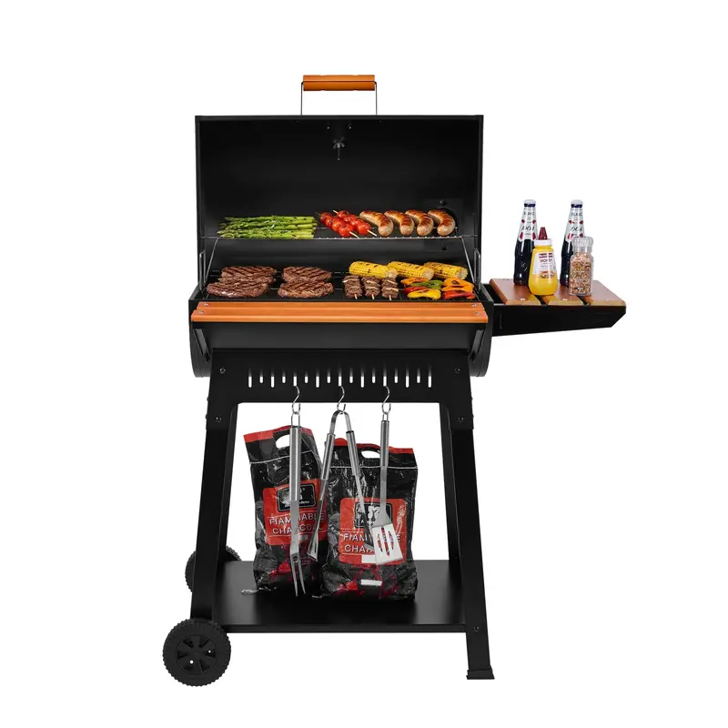 Barrel Charcoal Grill And Smoker With Wooden Side Shelves 1