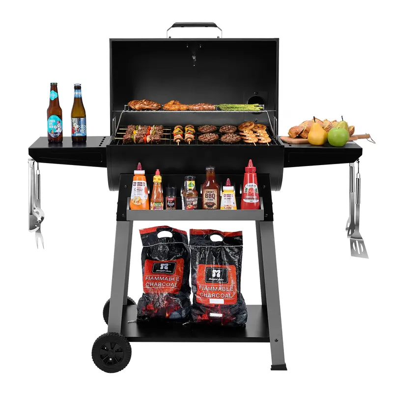 Barrel Charcoal Grill & Smoker With Hanging Basket And Side Shelves 1