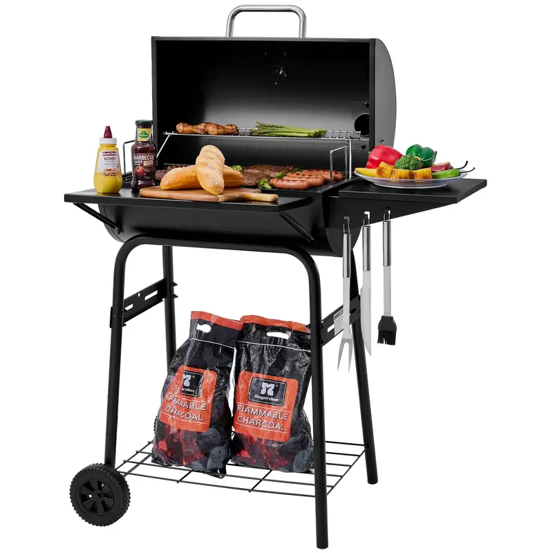 Barrel Charcoal Grill With Multi-Angle Shelving — Front + Dual Side Storage 1