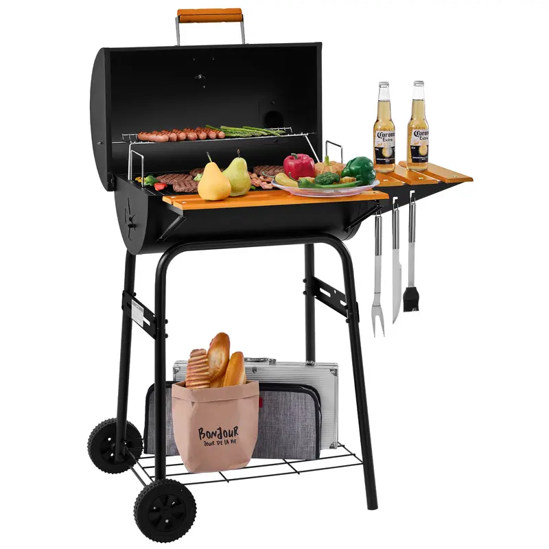 Barrel Charcoal Grill With Natural Wood Side Shelf And Tool Hooks 1