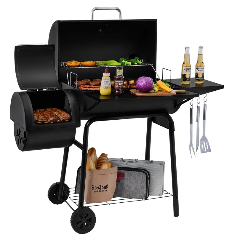 Barrel-Style Charcoal Grill Featuring Offset Smoker And Integrated Side Table 1