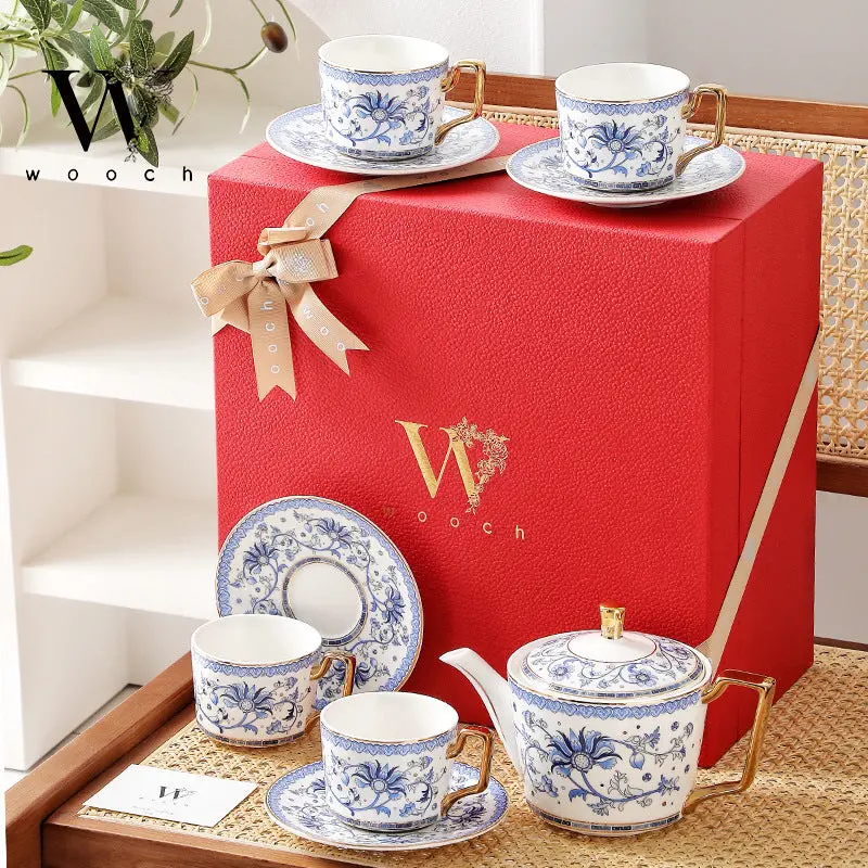 Blue Floral Ceramic Tea Cups – Elegant Wedding Gift Set 1