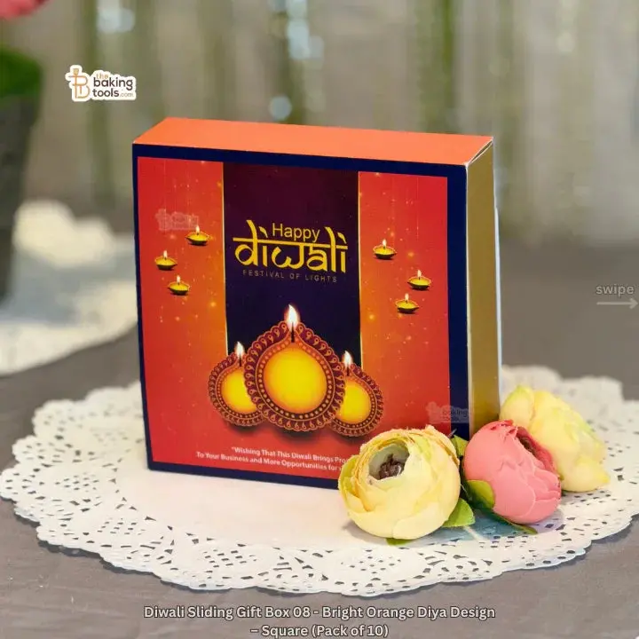 Bright Orange Diya Sliding Gift Box – Festive Diwali Packaging, Square Style (Pack Of 10) 1