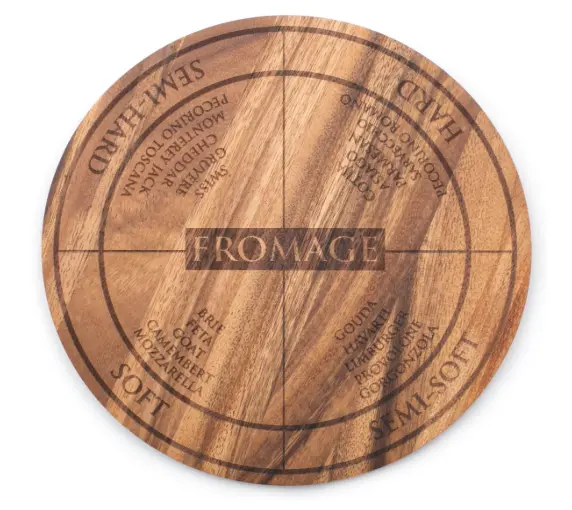 Circular Acacia Wood Serving Board With Engraved Cheese Motif 1