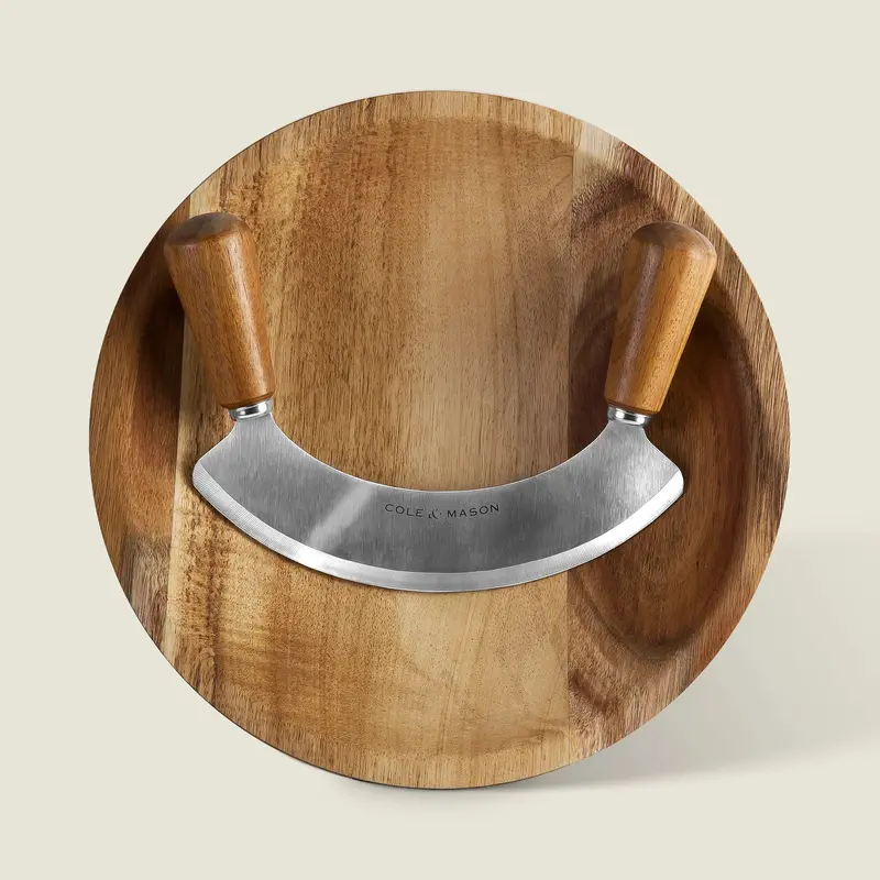 Cole & Mason Ashden Mezzaluna Knife With Acacia Cutting Board – 9.5" (24.1 Cm) Diameter 1