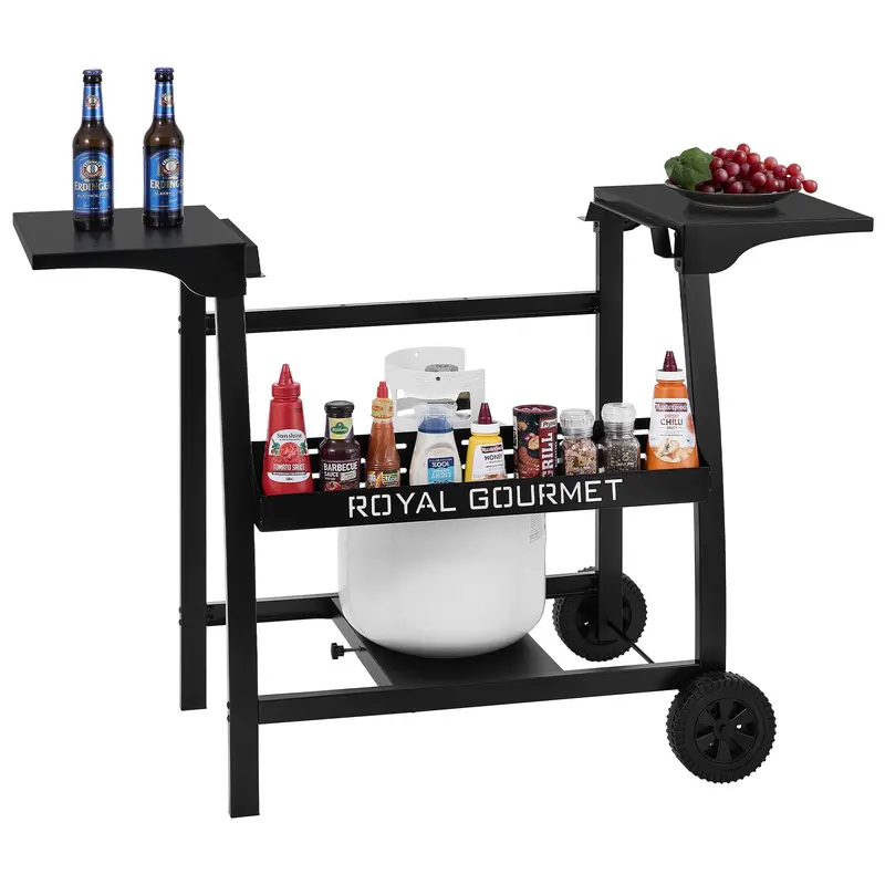 Compact Griddle Stand With Fold-Out Side Shelves And Storage Basket 1