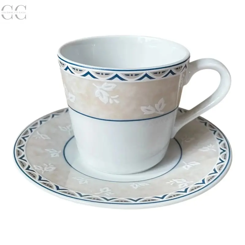 Cream-And-Blue Ceramic Espresso Cups With Cream-Colored Floral Band And White Leaf Motif 1