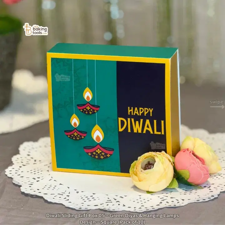 Emerald Green Diwali Sliding Gift Box Featuring Hanging Lamps And Diya Motifs – Square Design (10-Pack) 1