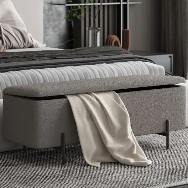 Erzo Upholstered Entryway Bench – Charcoal Grey And Matte Black Legs 1