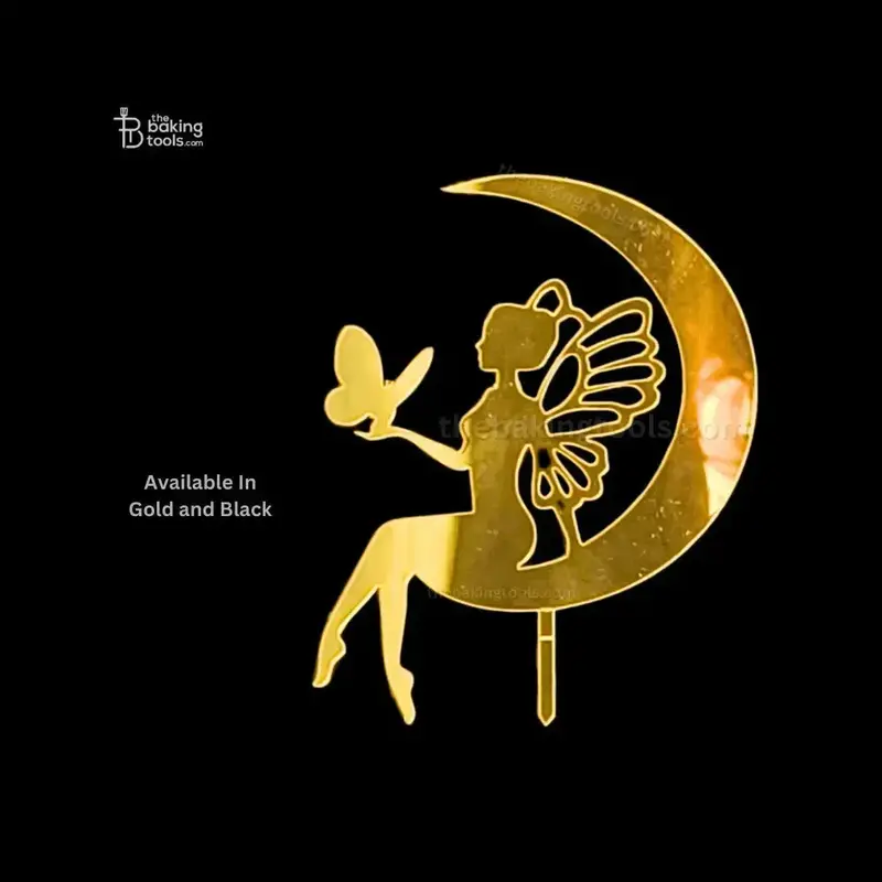 Fairy Holding Butterfly Under Moonlight – Gold & Black Acrylic Cake Topper (Md-17) 1