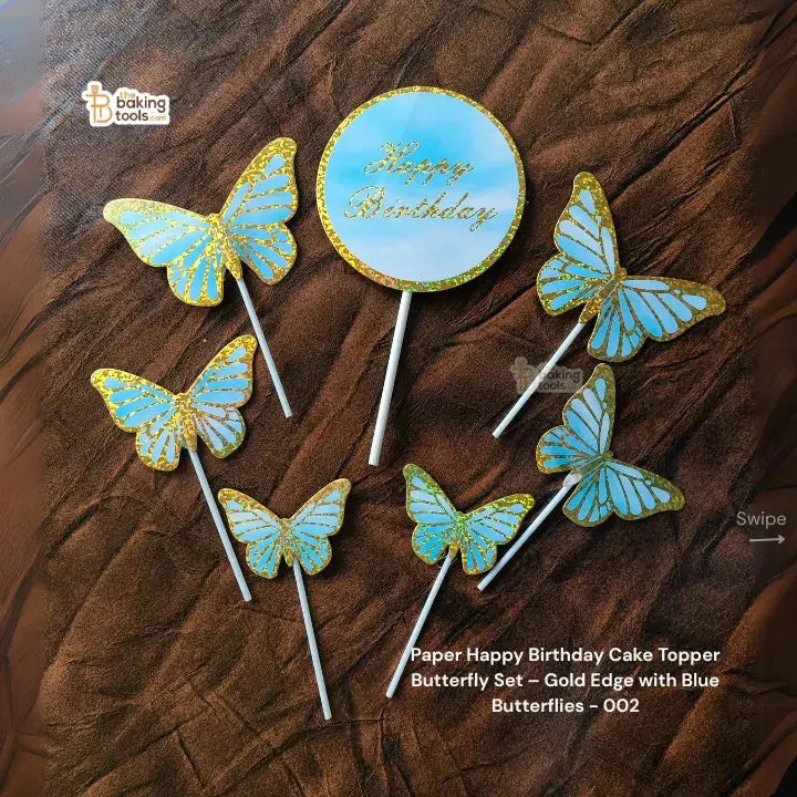 Gold-Edged Blue Butterfly Birthday Cake Topper – Premium Paper Design (Style 002) 1