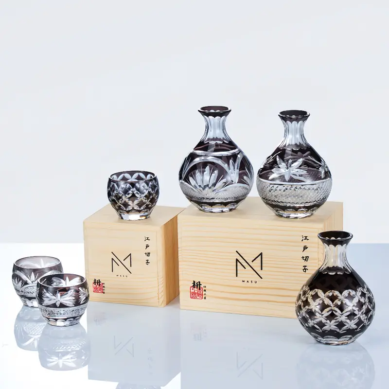 Gure Sake Glass Collection – Rustic Indigo-Toned Edo Kiriko Set With Textured Surface Detailing 1