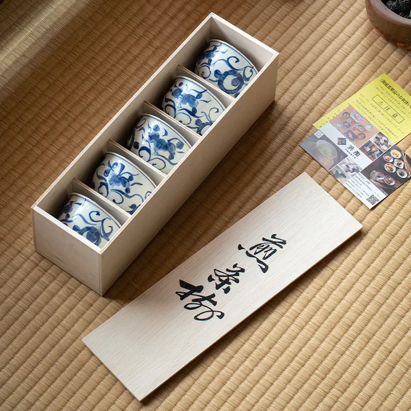 Hasami Ware Aizome Kusa-Hana Tea Cup Set – Indigo-Dyed Floral Ceramic Cups 1