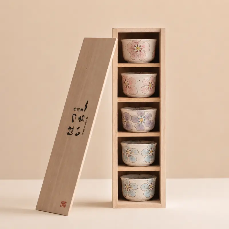 Hatsuichi Mino Ware Hana Nagare Hand-Thrown Tea Cups (5-Piece) 1
