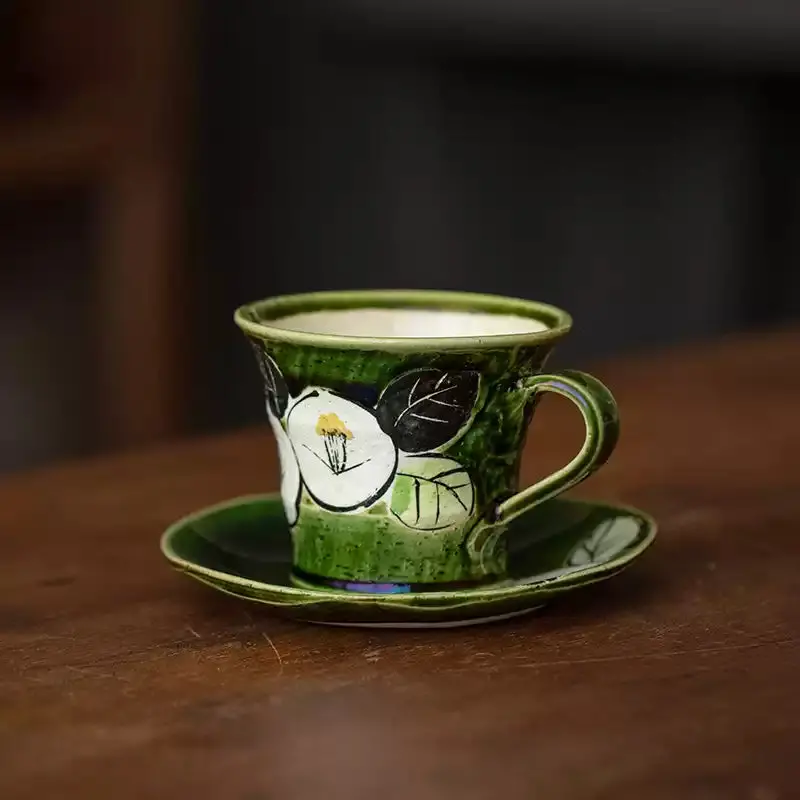 Hatsuichi Oribe Camellia Coffee Cup Set – Mino Ware Ceramic With Traditional Glaze 1