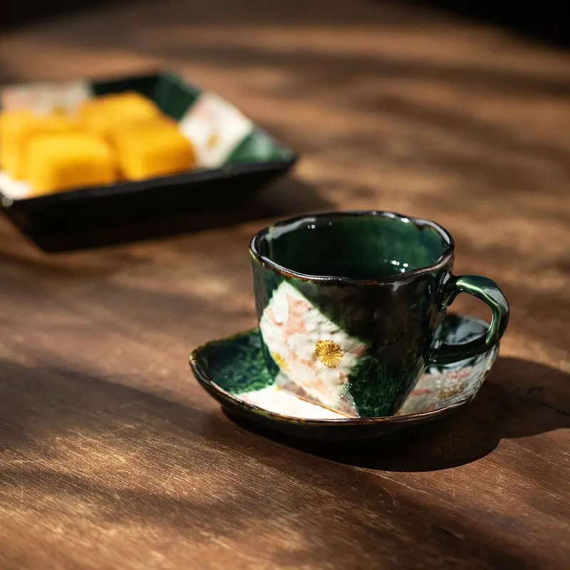 Hatsuichi Oribe Sakura Coffee Cup & Saucer Set – Mino Ware Handcrafted Ceramic Duo 1
