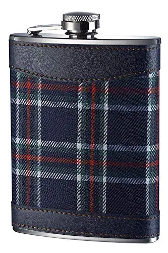 Hip Flask For Men – 8Oz Leak-Proof Pocket Flask With Green Tartan Fabric & Stitched Leather Trim 1
