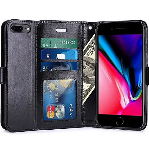 Iphone 8 Plus Pu Leather Wallet Case – Matte Black Flip Cover With Ergonomic Stand And Slim Profile 1