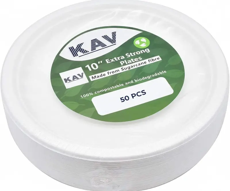 Kav 10-Inch Biodegradable Bagasse Plates – Rigid Compostable Sugarcane Fiber Dinnerware For Eco-Conscious Events 1