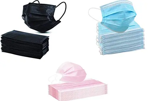 Kav® 150-Count Assorted 3-Ply Disposable Face Masks – Blue, Black & Pink – Hypoallergenic, Breathable, High-Filtration Protection 1