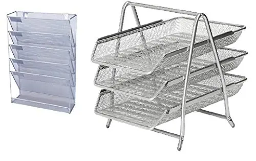 Kav 2-Piece Desk Organisation Set – Mesh Wall-Mounted Magazine Holder + 3-Tier Front-Load Letter Tray 1