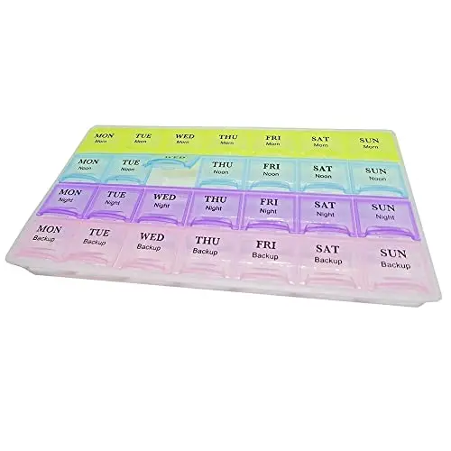 Kav 28-Compartment Weekly Pill Organizer – 7-Day, 4-Times-Daily Medicine Storage With Color-Coded Labels & Reminder System For Vitamins, Supplements, And Tablets 1
