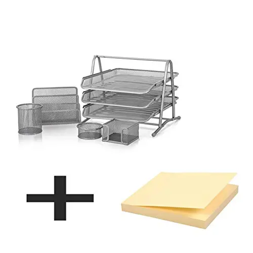 Kav 5-Piece Mesh Office Organization Set: 3-Tier Tray, Letter Shelf, Pencil Cup, Memo Holder, Doodad Cup + 100 Sticky Notes 1