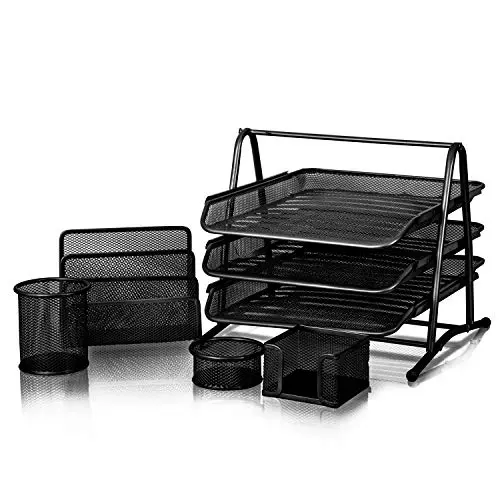 Kav 5-Piece Mesh Office Organizer Set – 3-Tier Filing Tray, Letter Shelf, Pencil Cup & Memo Holder 1