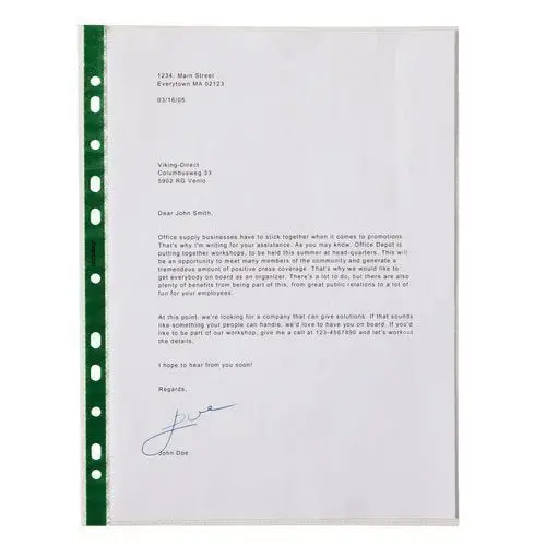 Kav® 50-Pack A4 Clear Punch Pockets – 60-Micron Heavy-Duty Polypropylene With Green Stripe Design 1