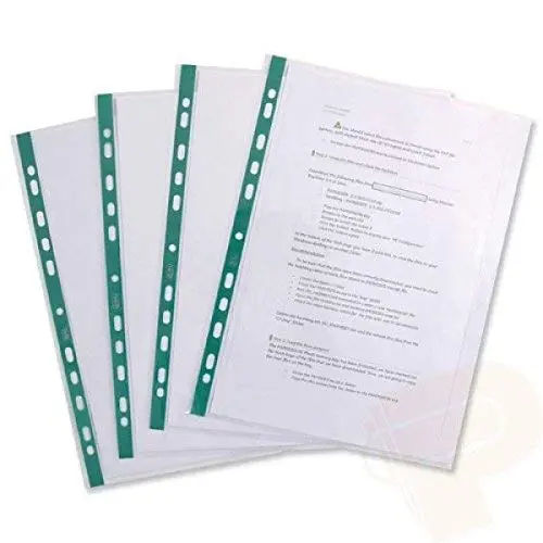 Kav 500-Pack Of Clear A4 Punched Pocket Sleeves With Green Binding Strip 1