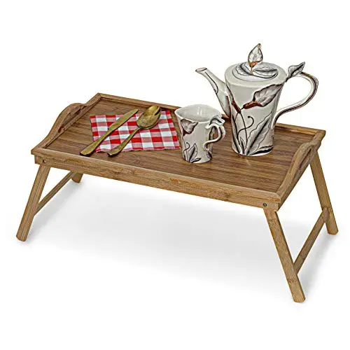 Kav Bamboo Serving Tray – Natural Wooden Laptop Or Breakfast Tray With Folding Legs & Handle 1
