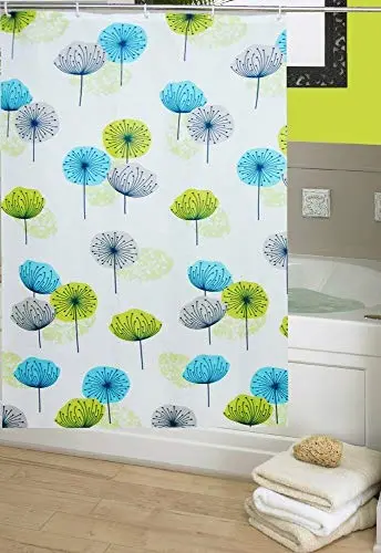 Kav® Dandelion Floral Shower Curtain – Mold-Resistant Polyester With 12 White Hooks (Green/Blue/Grey) 1