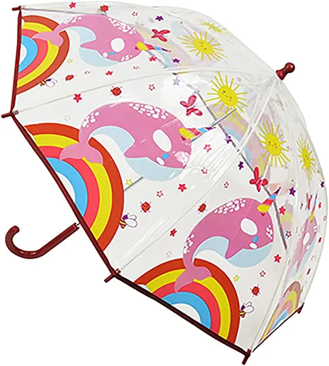 Kav Kids Transparent School Umbrella – Pink Whale With Rainbow & Sunshine Print 1