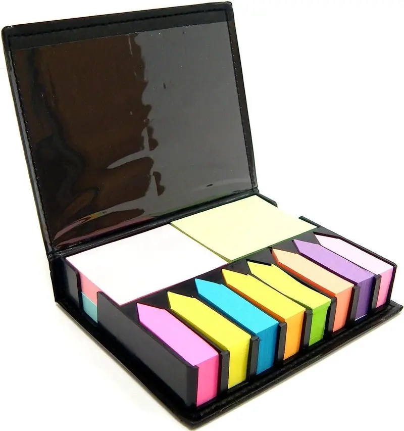 Kav Leather-Style Memo Box Set – Colorful Desktop Organizer With Arrow Tabs & Sticky Notes Holder 1