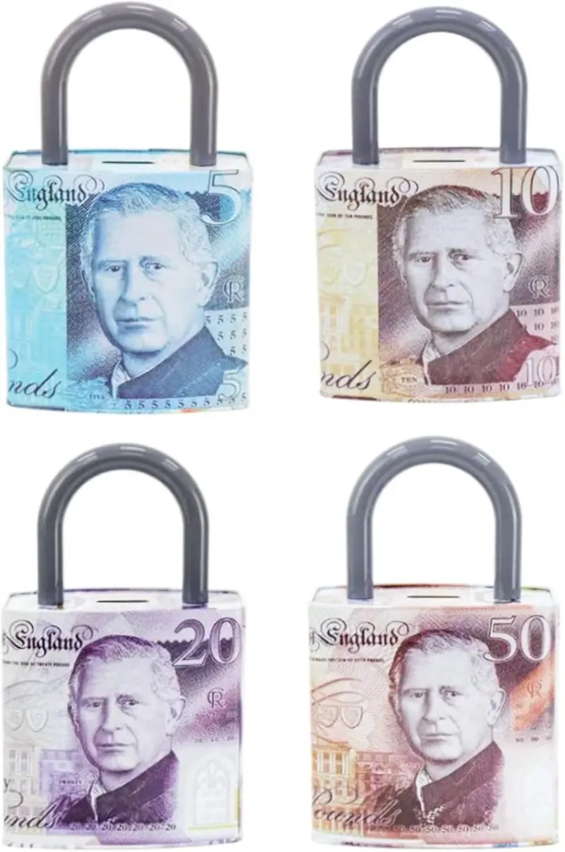 Kav Padlock-Style Metal Money Tin Box (16×8×25 Cm) – Decorative Savings Bank With Handle, Coin Slot, Removable Lid & Pound Note Design (2 Pcs) 1