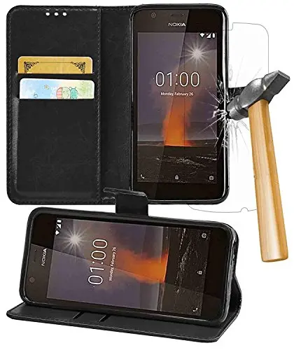 Kav Premium Black Pu Leather Wallet Case For Nokia 1 – Includes Shatterproof Tempered Glass Screen Protector 1