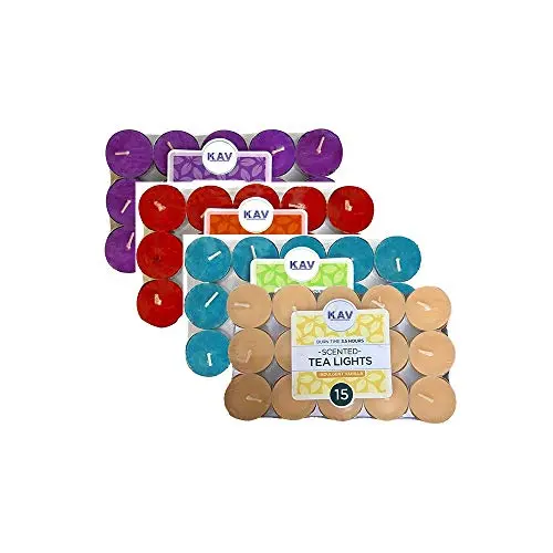 Kav Scented Tealight Candle Pack – 60 Fragranced Tea Lights In Fresh Berries, Wild Lavender, Vanilla & Mountain Spring Scents For Weddings, Spas & Home Ambience 1