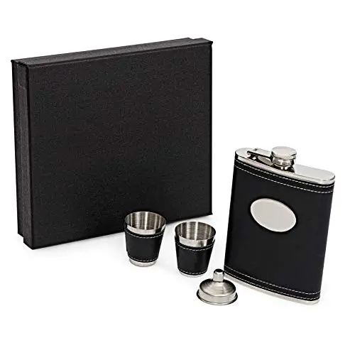 Kav Stainless Steel Hip Flask Gift Set – 9 Oz Flask, Funnel & 2 Shot Cups In Elegant Box 1