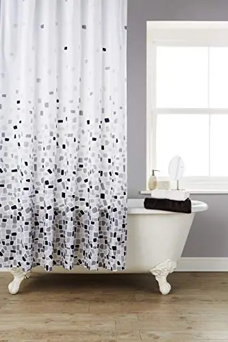 Kav Vibrant Mosaic Grey Shower Curtain With 12 Matching Hooks 1