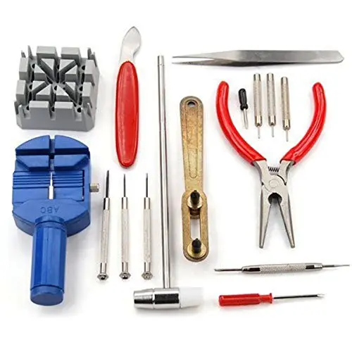 Kav Watch Repair Toolkit – 16-Piece Link Pin Remover Set With Hammer Heads For Strap Adjustment 1