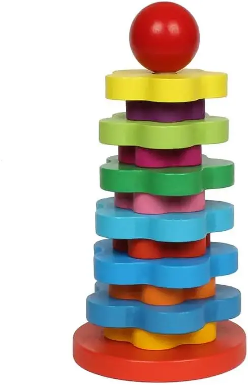 Kav Wooden Rainbow Stacking Rings: Educational Toddler Toy For Motor Skills & Color Recognition 1