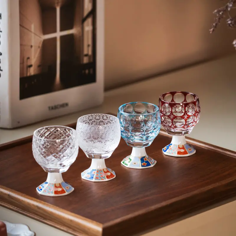 Kazaridai Edo Kiriko Goblets – Ornamental Base Cut-Glass Stemware Series 1