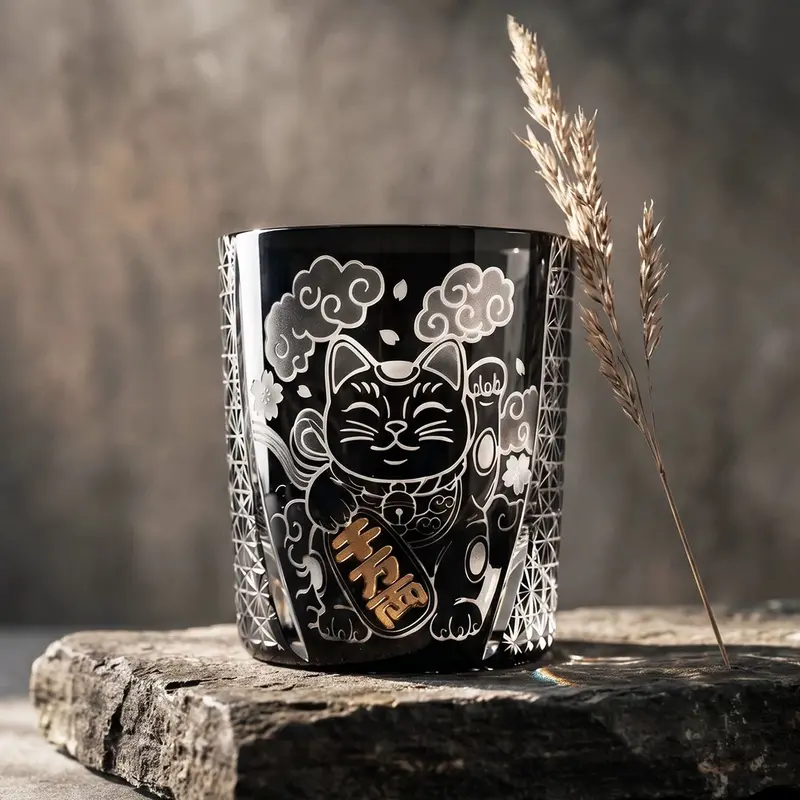 Kuro Kin Maneki Neko Edo Kiriko Whisky Glass In Elegant Wooden Box 1